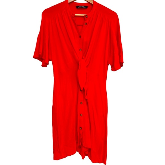 Zara Premium Orange Coral  Buttoned Midi Tie Front  Dress Size Medium - Picture 1 of 10